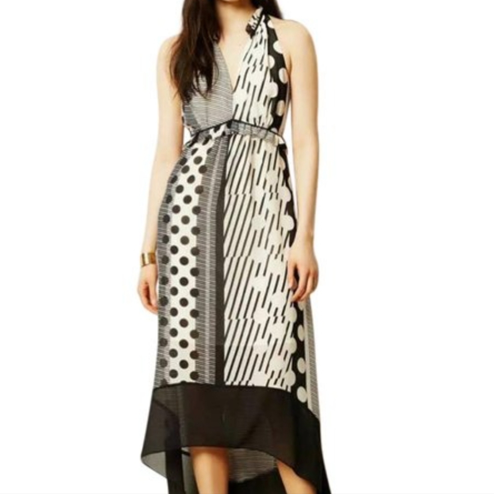 Maeve Anthropologie Dress Channeled Dot Hi Lo Striped Polka Dot Maxi Black Sz 8